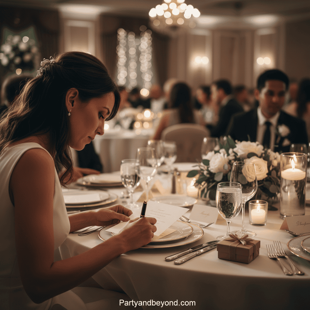 Wedding guest writing a thoughtful note at the reception.