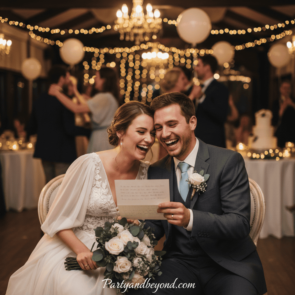Bride and groom laughing while reading a pen pal wedding guestbook letter.