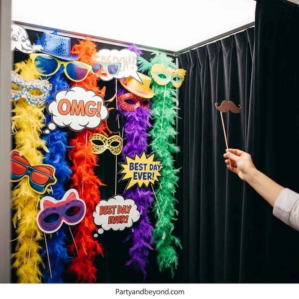 Colorful Super Bowl photo booth with fun props and decorations.