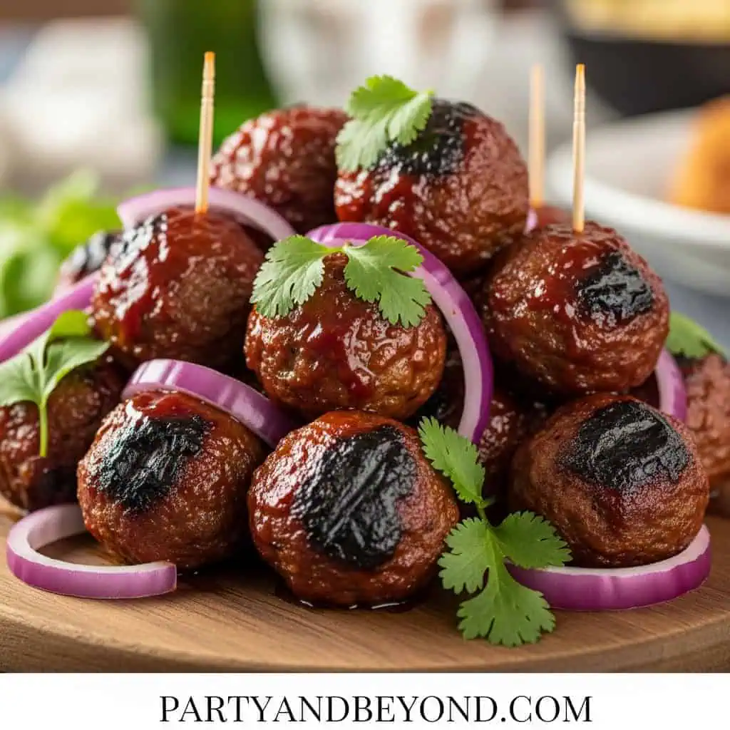 Delicious meatball skewers garnished with cilantro and onions for Super Bowl snacks.