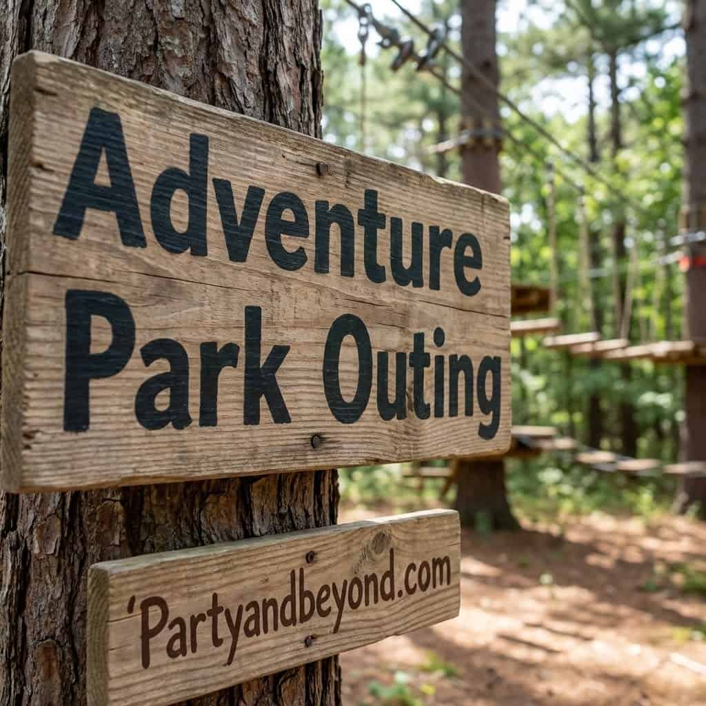 Adventure park outing sign in a forest setting for outdoor birthday party ideas.
