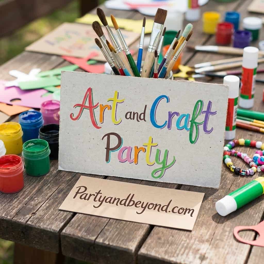 Art and craft party supplies with colorful paints, brushes, and decorations for a 15th birthday cele.