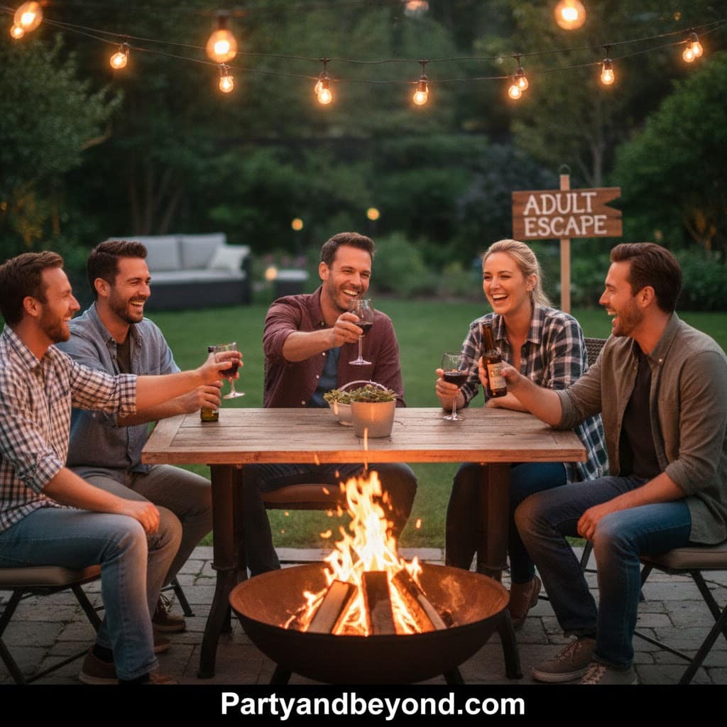 Outdoor adult gathering with friends around a fire pit, enjoying drinks and conversation in a cozy b.
