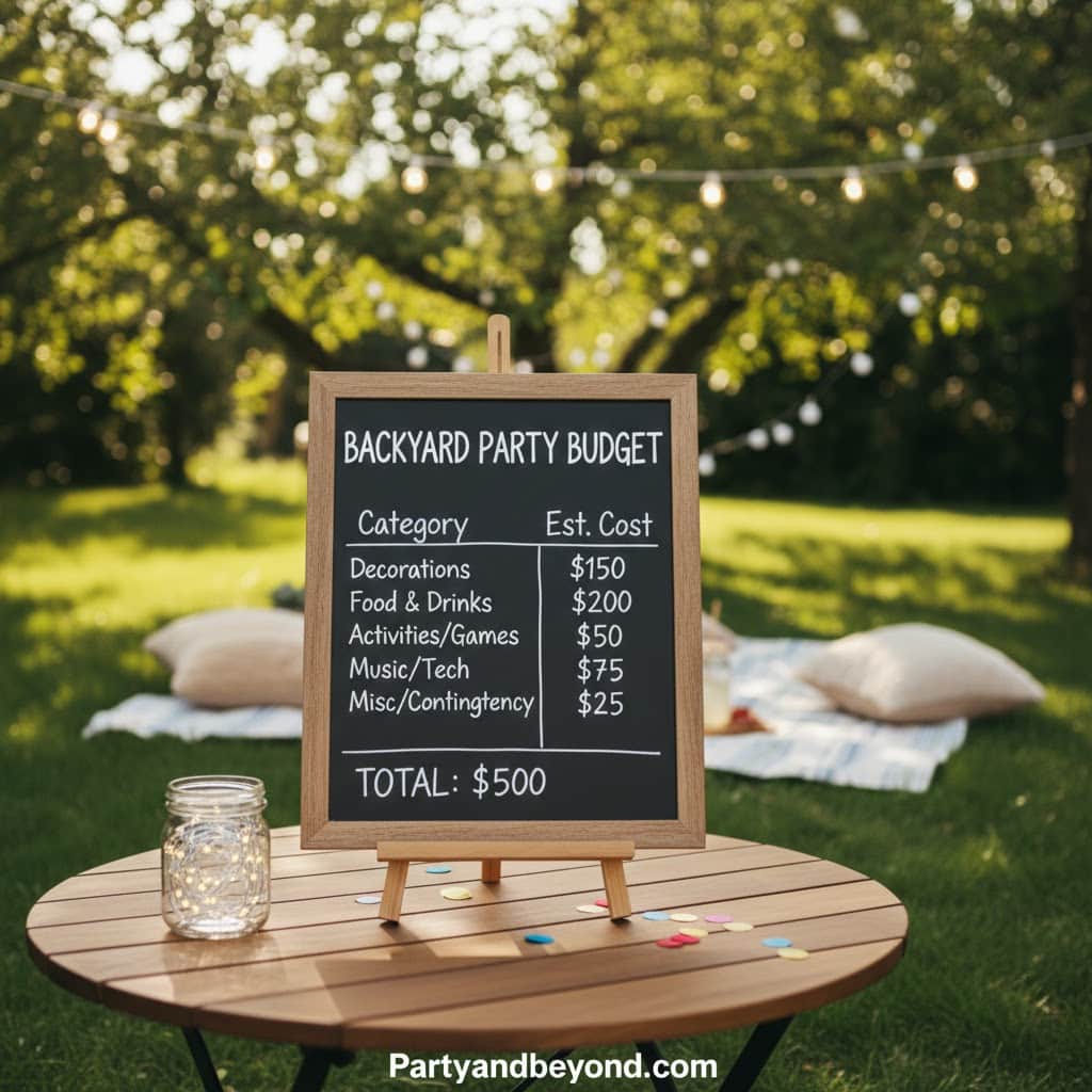 Backyard party budget chalkboard with cost breakdown for adults' birthday celebration.