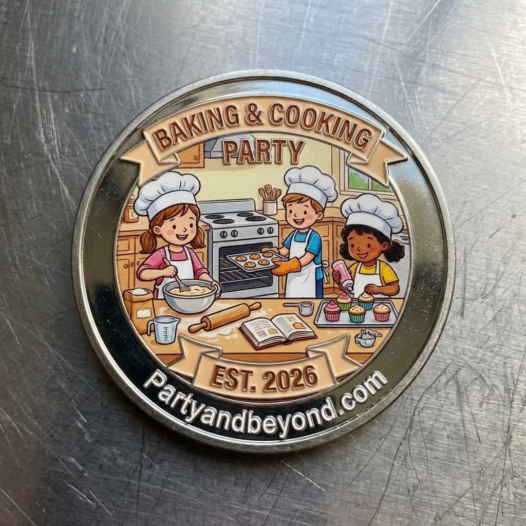 Kids baking and cooking party badge with children in chef hats and baking tools.