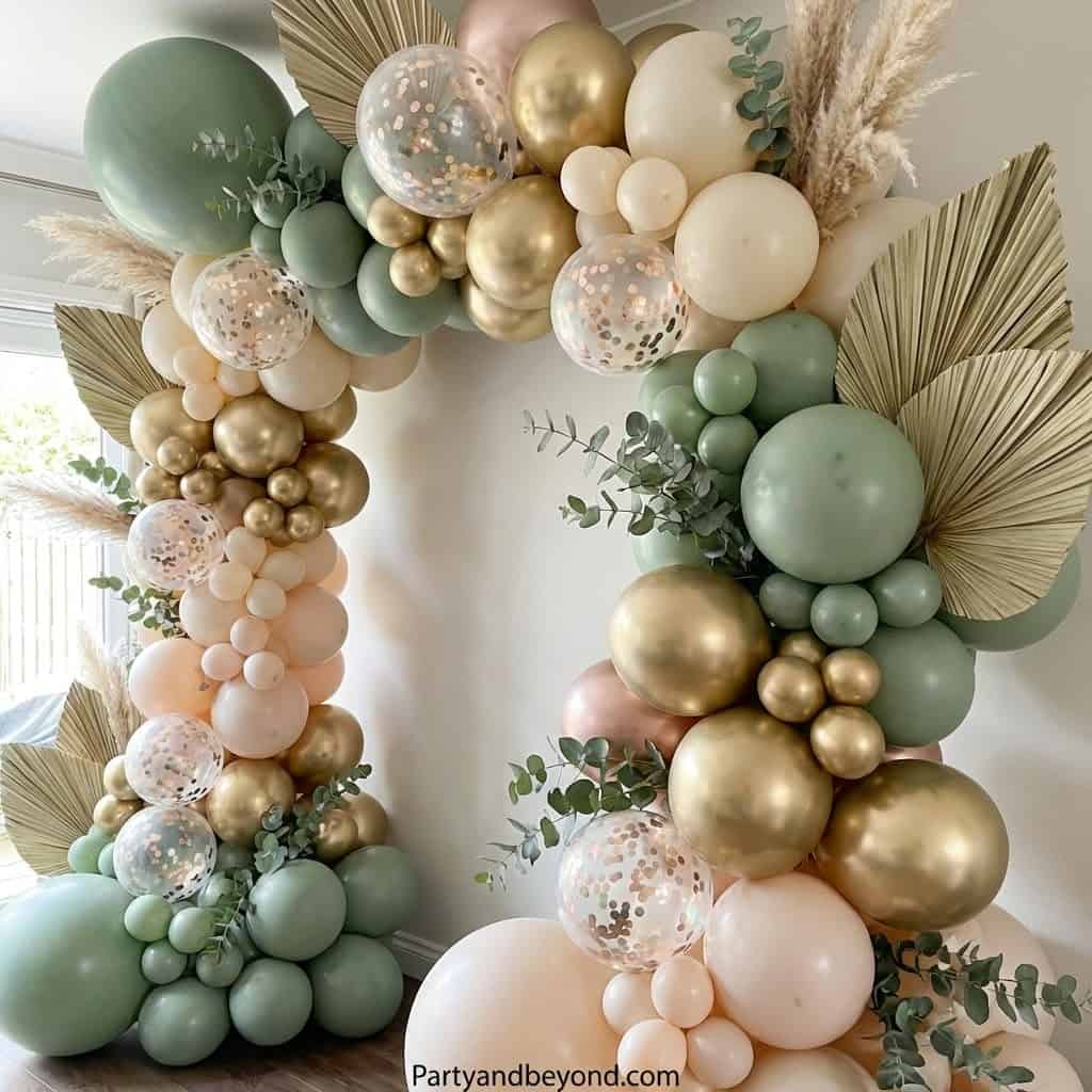 Elegant balloon arch with pastel colors and greenery for birthday celebration decor.