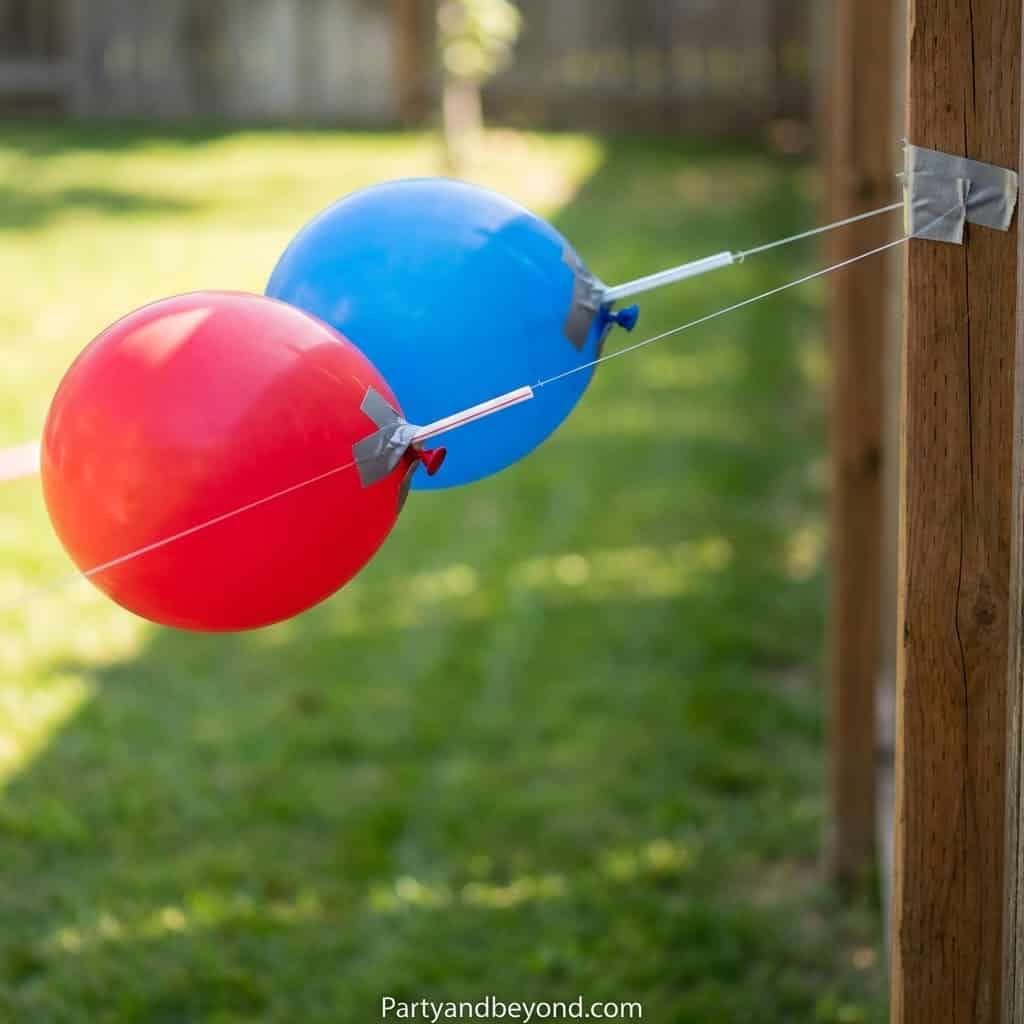 Red and blue balloons attached to a wooden post for a fun outdoor dart game.