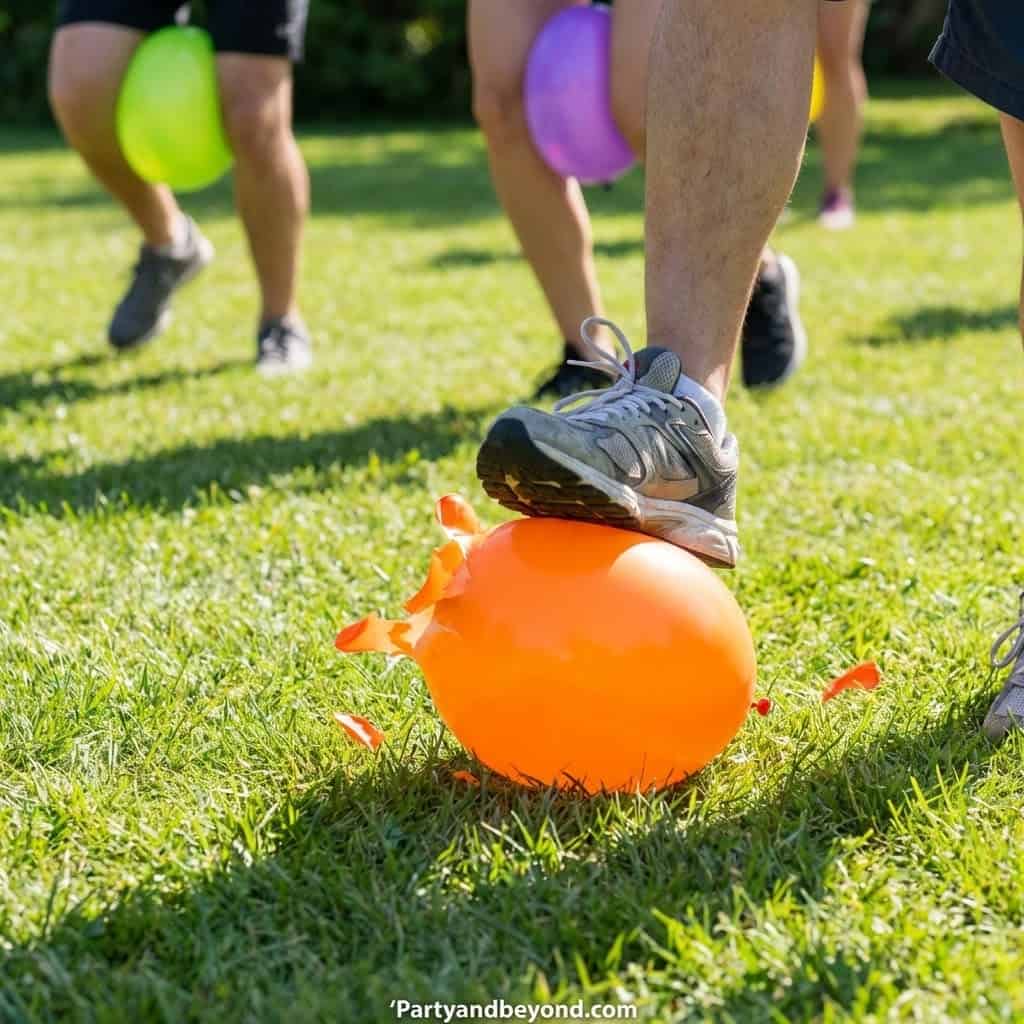 Kids playing balloon stomp game at outdoor party with colorful balloons.