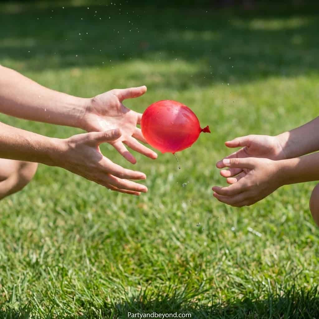 Kids playing balloon toss game outdoors during a fun party event.