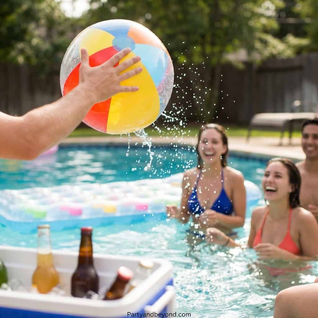 Graduates enjoy a poolside celebration with a colorful beach ball and drinks, creating a festive and.