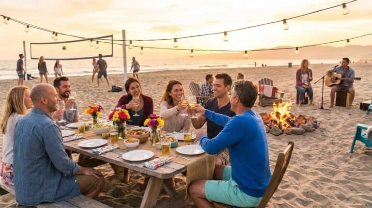 Group of adults enjoying a beach birthday party with dinner and music at sunset.