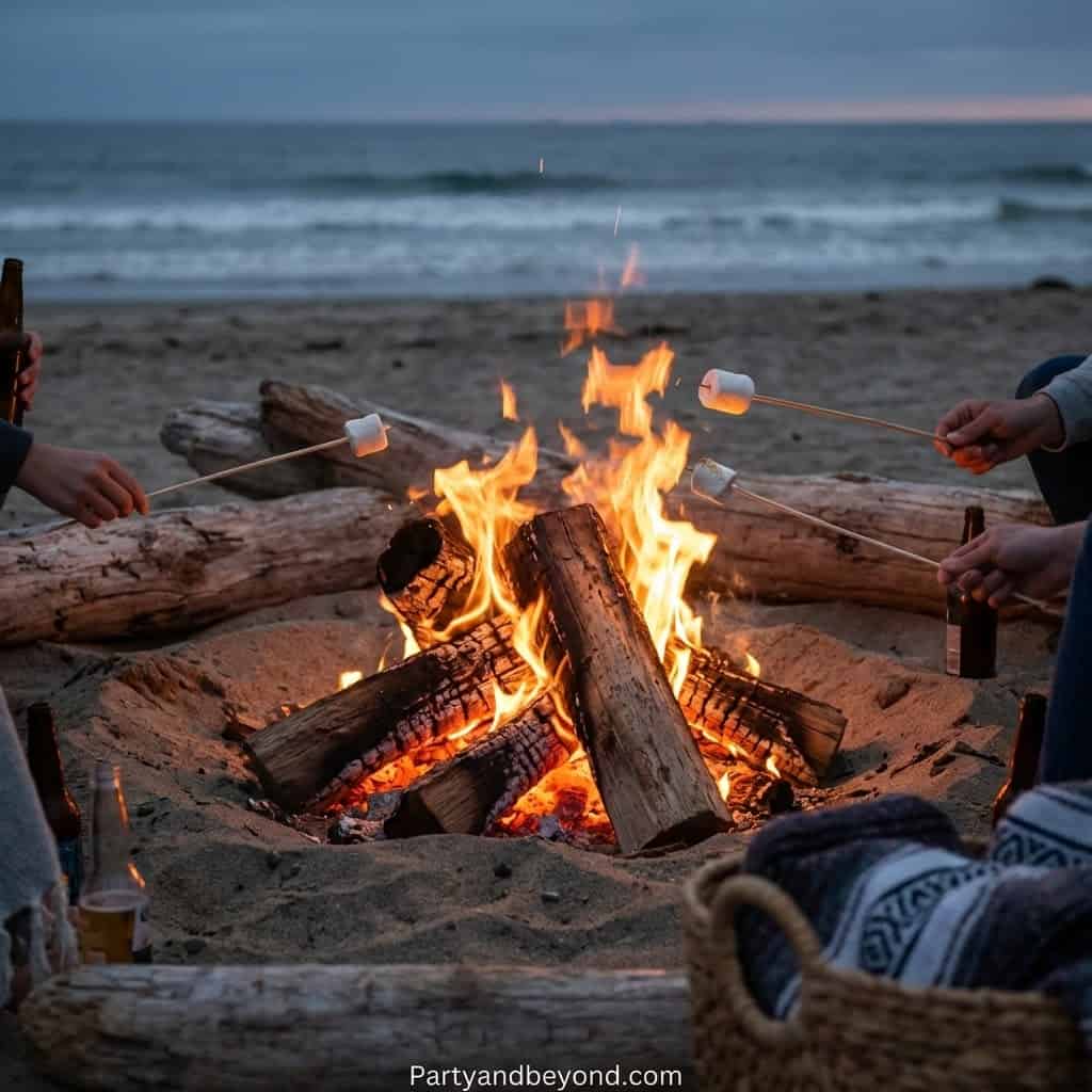 Fire pit on the beach with friends roasting marshmallows. Perfect for adult beach birthday celebrati.