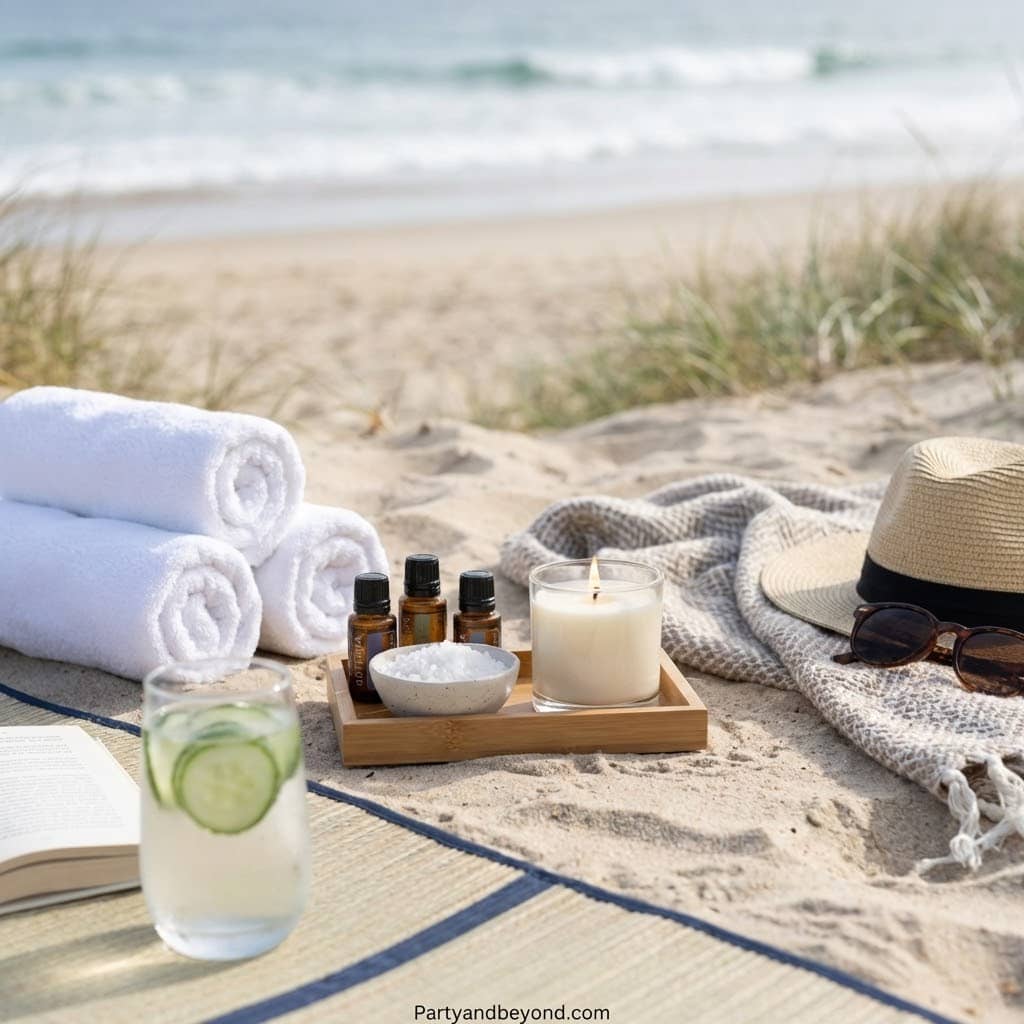 Beachside birthday celebration with towels, candles, and drinks on sandy shore.