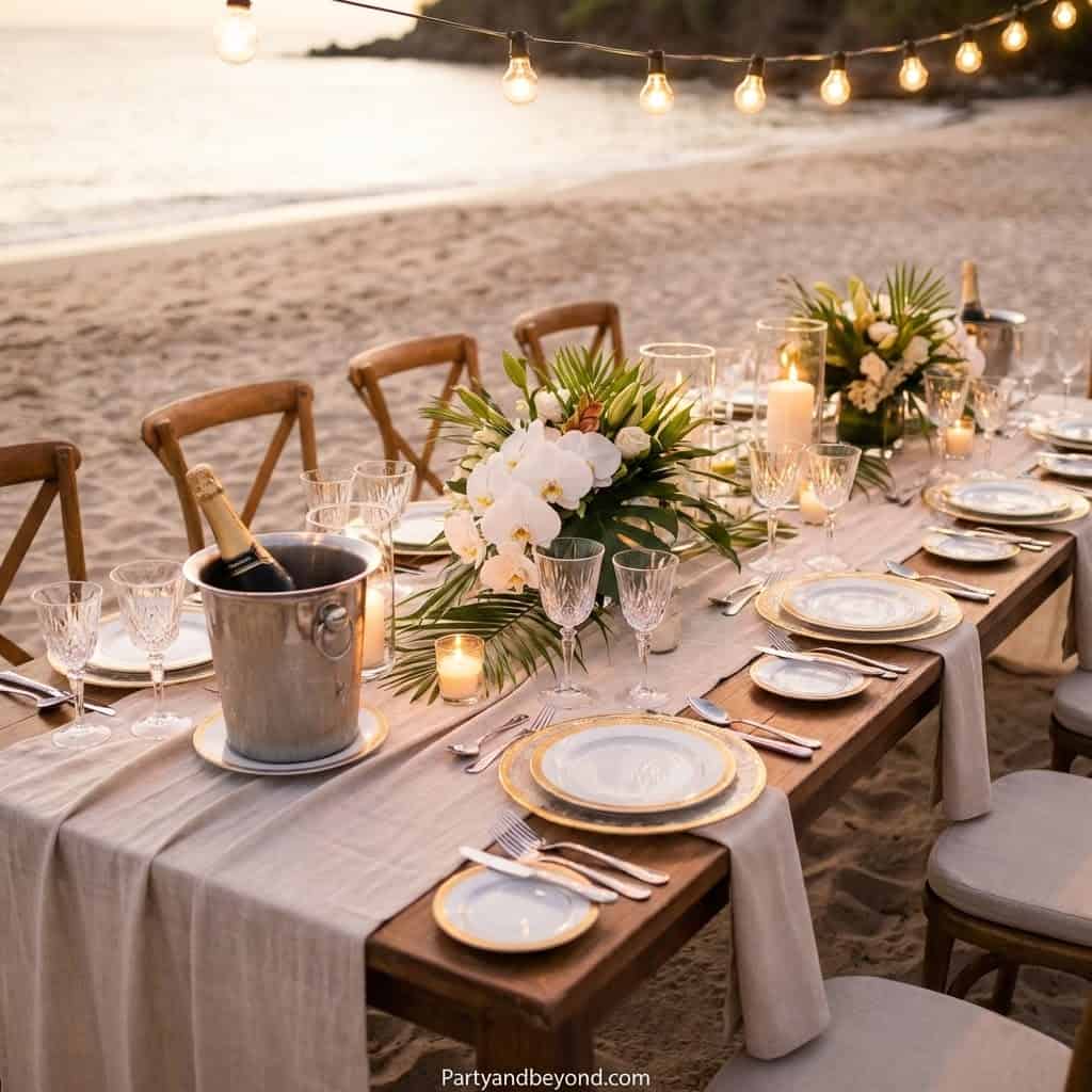 Elegant beach birthday party table with floral arrangements and string lights.