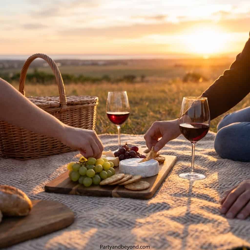 Romantic beach birthday picnic with wine, cheese, and grapes at sunset.