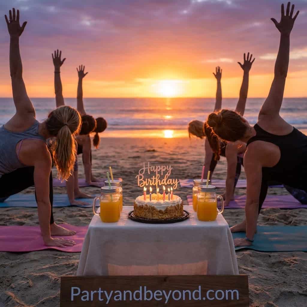 Group of women doing yoga on the beach at sunset with birthday cake and drinks.