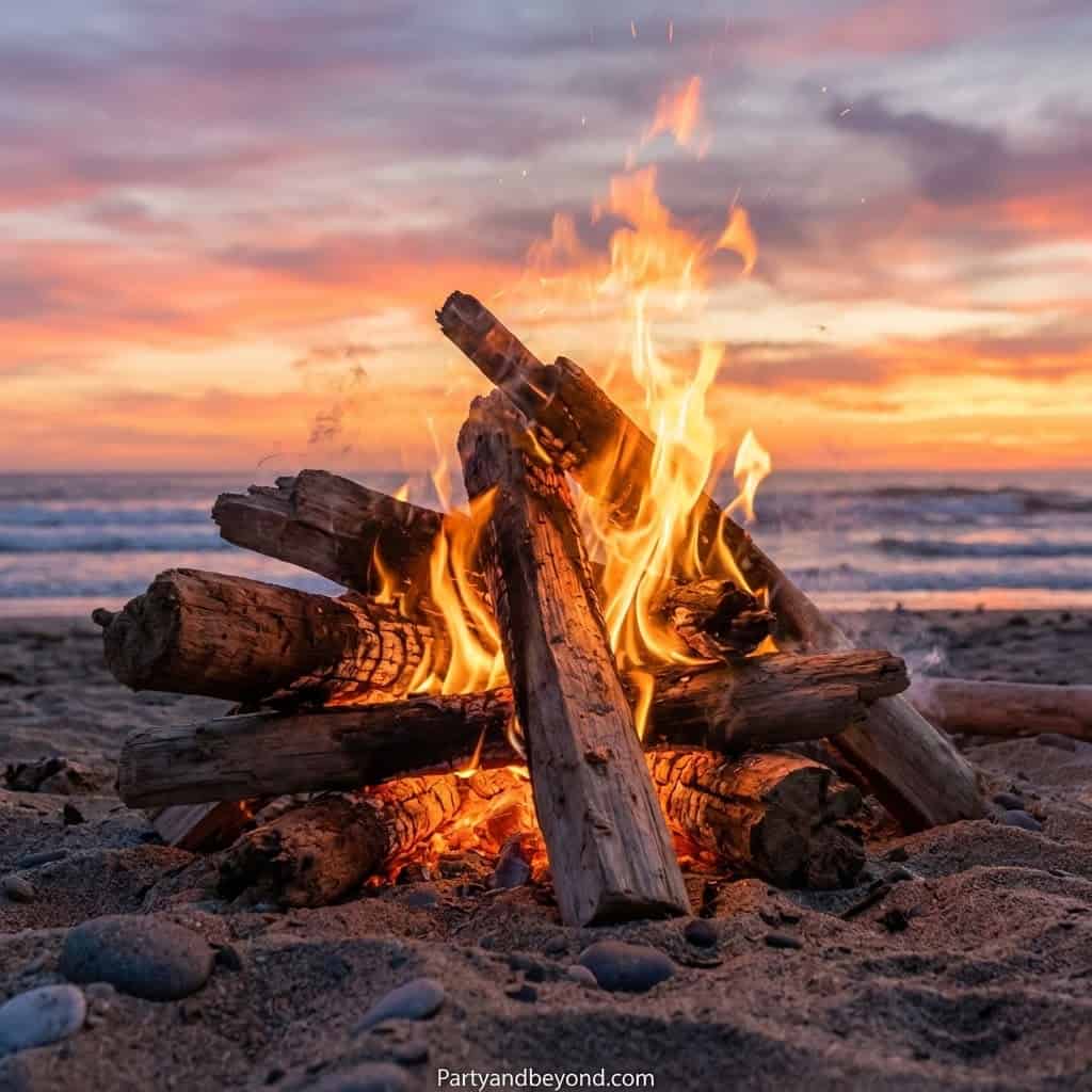 Beach bonfire with glowing flames on sand during sunset, perfect for summer birthday celebrations.