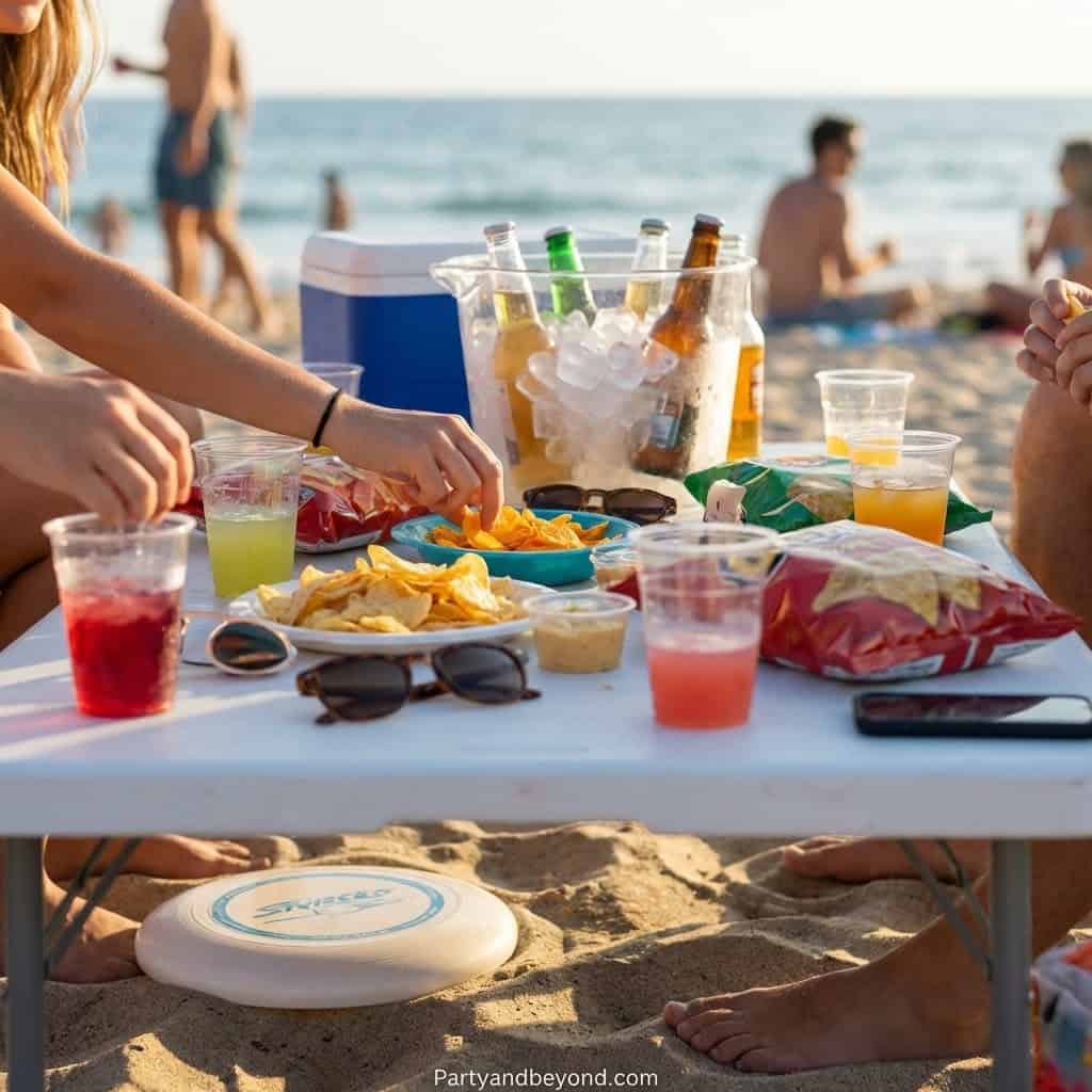 Beachside summer party with snacks, drinks, and friends on the sand.