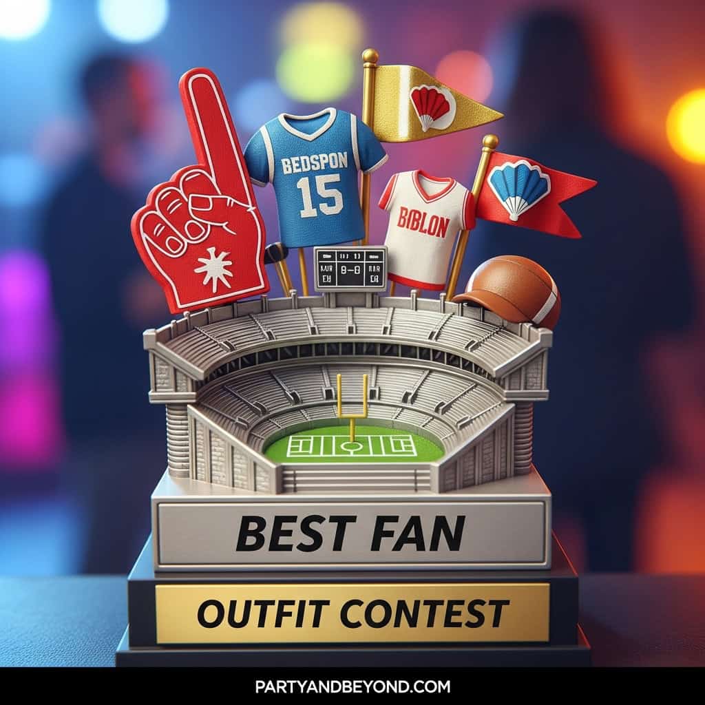 Fan outfit contest trophy with sports jerseys, foam fingers, and flags for a Super Bowl celebration.