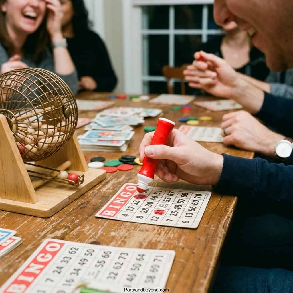 Kids playing bingo game at indoor birthday party with friends and family.