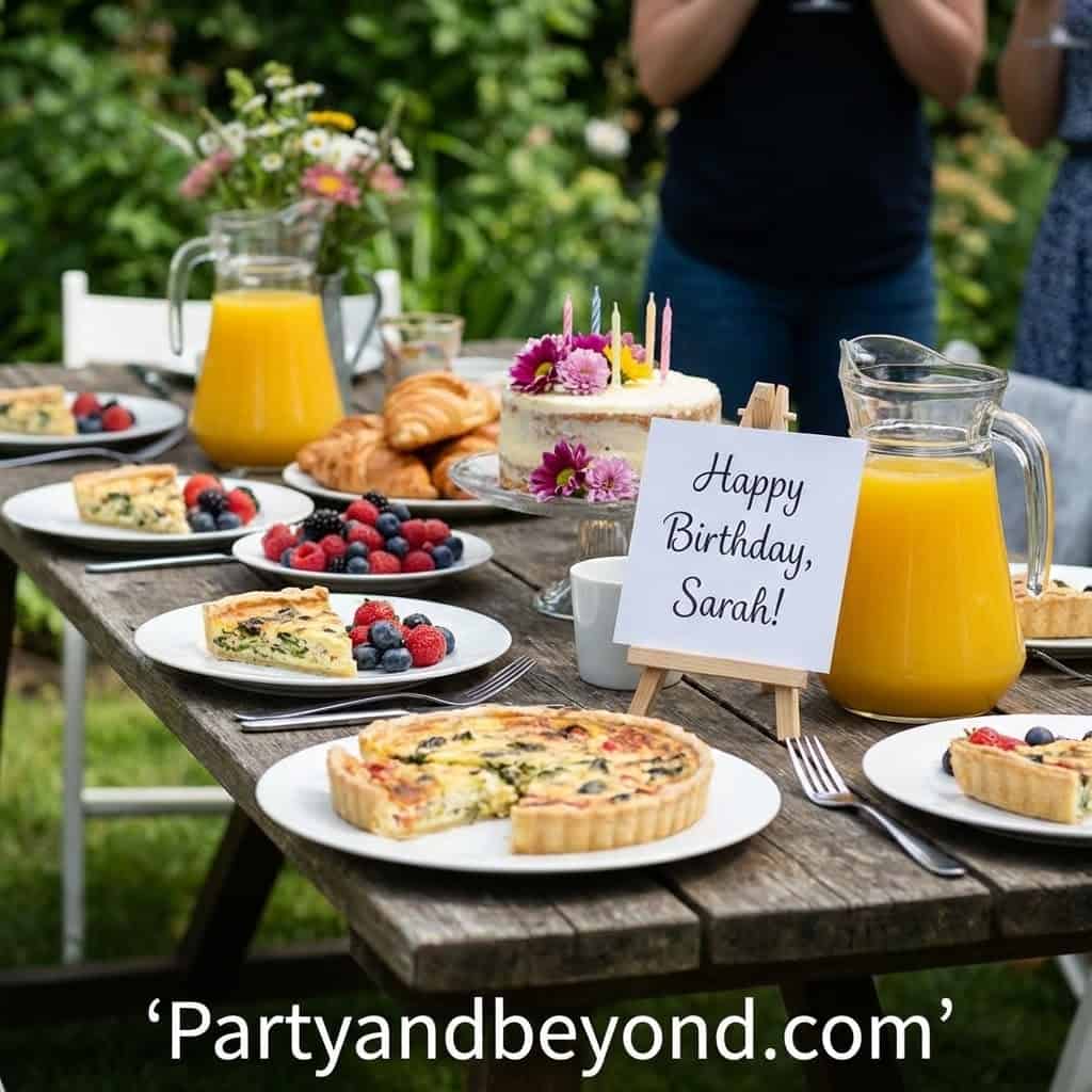 Outdoor garden birthday celebration with cake, fruit, and beverages.