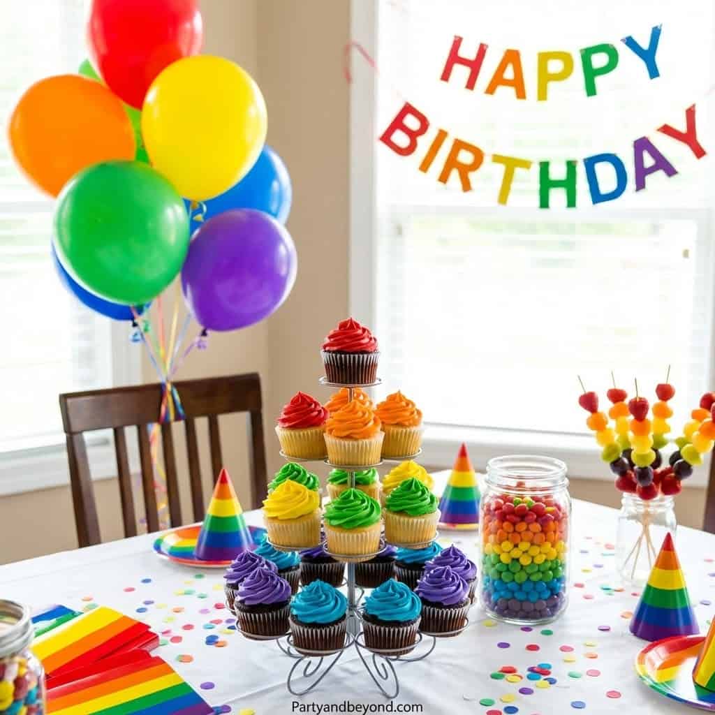 Colorful birthday party setup with cupcakes, balloons, and rainbow decorations for kids' celebration.