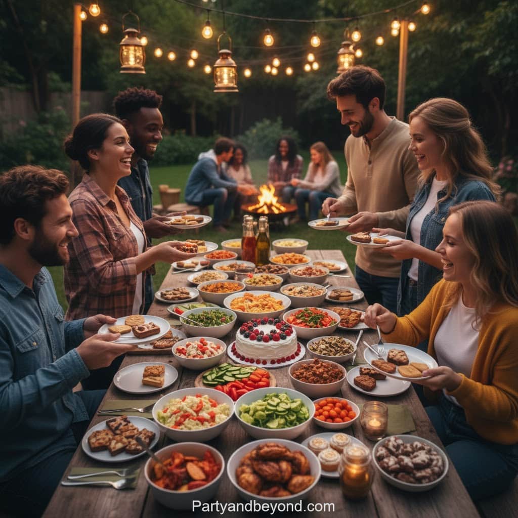 Outdoor birthday party with friends enjoying a variety of delicious food and drinks under string lig.