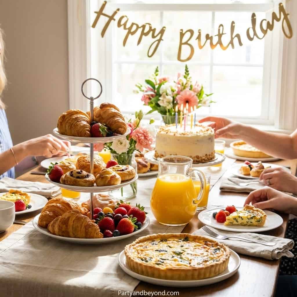 Festive birthday table with pastries, cake, and flowers for adult celebration.