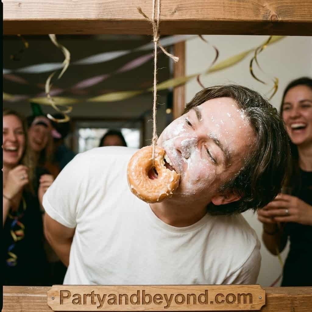 Man with donut on string at kids' birthday party, laughing and having fun.