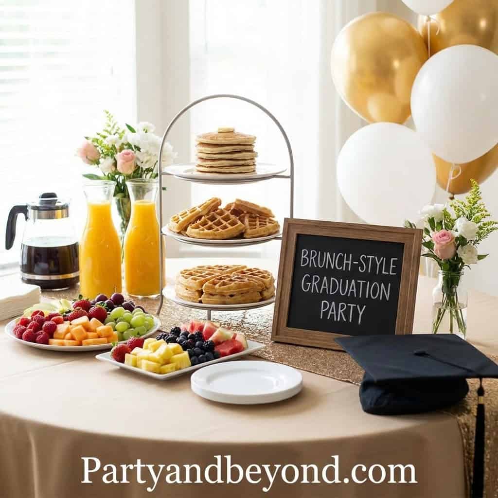 Elegant brunch table with waffles, fruit, and drinks for graduation celebration.