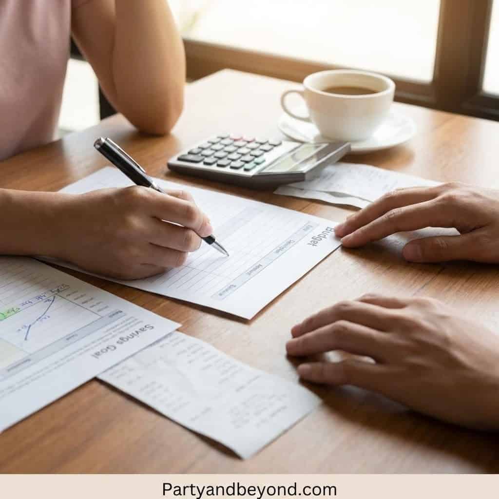 People planning a budget-friendly birthday party with receipts, calculator, and coffee.
