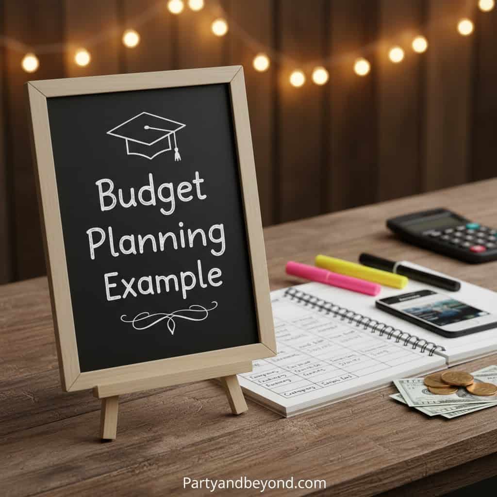 Budget planning chalkboard sign with notebooks and calculator for graduation party ideas.