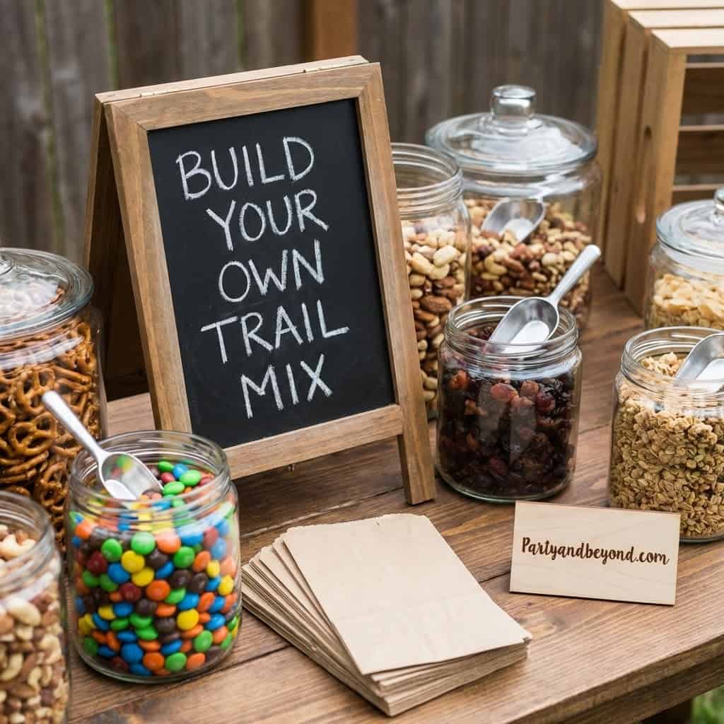 DIY trail mix station with various nuts, candies, and dried fruits for kids' birthday party.