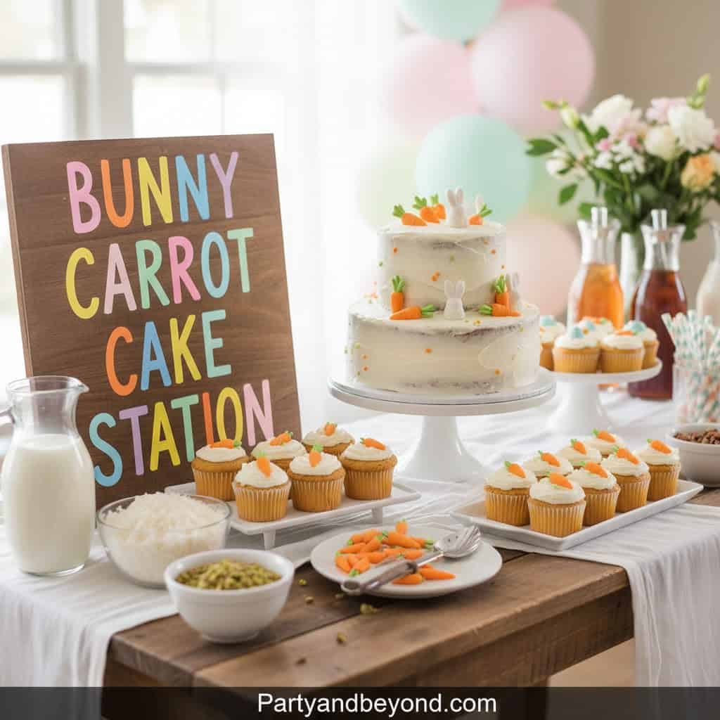 Festive bunny and carrot-themed Easter cake station with cupcakes and cake.