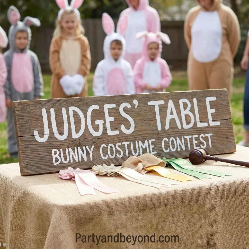Kids dressed as bunnies participating in Easter costume contest at outdoor party.