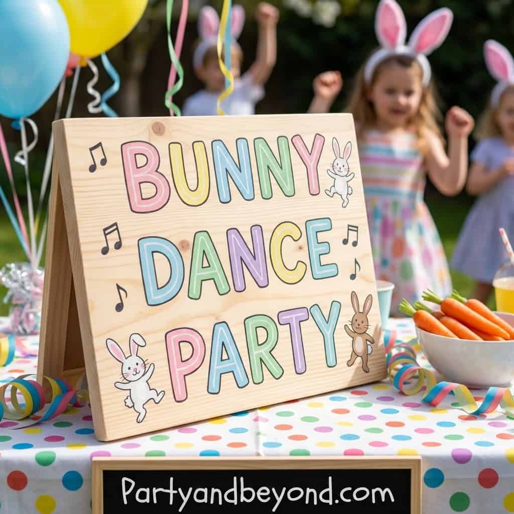 Colorful Bunny Dance Party sign at Easter kids' celebration with children in bunny ears.