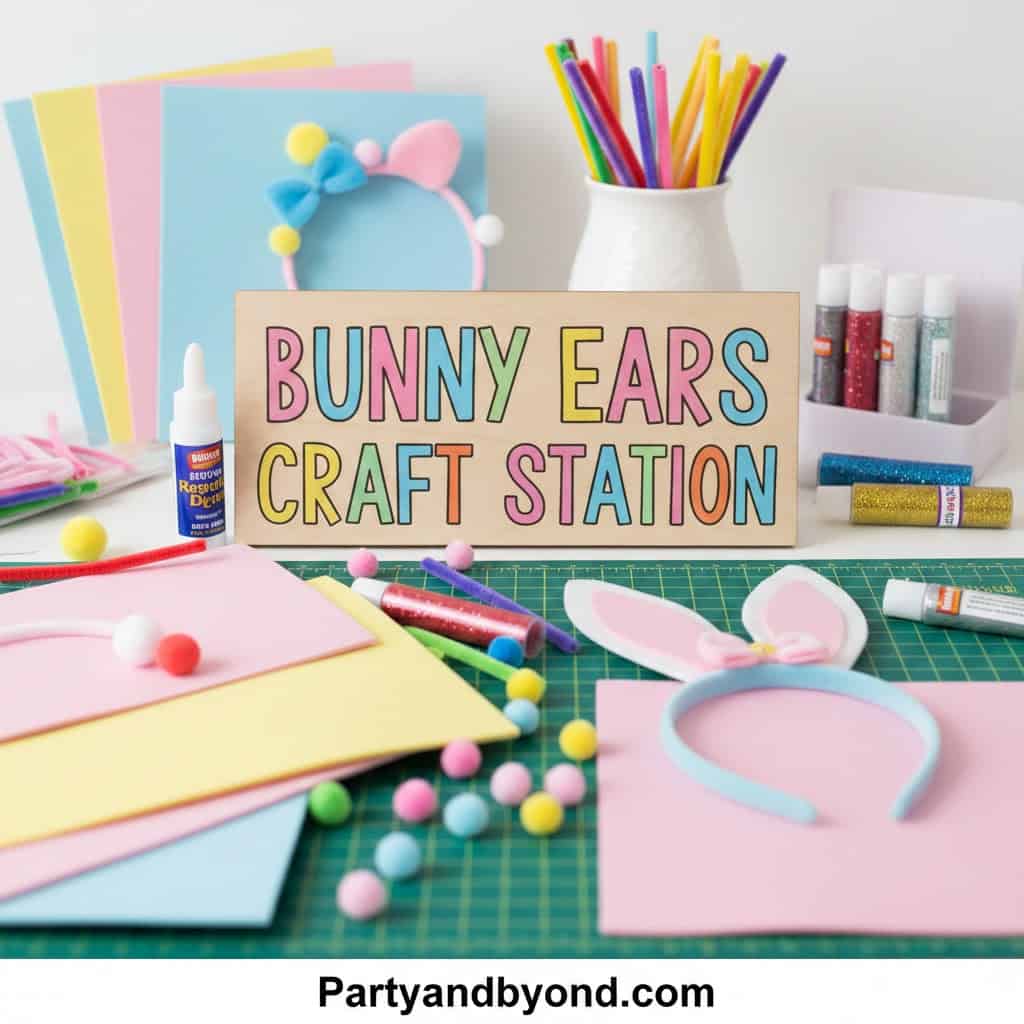 Easter bunny ears craft station for kids with colorful materials and supplies. Perfect for a fun bun.