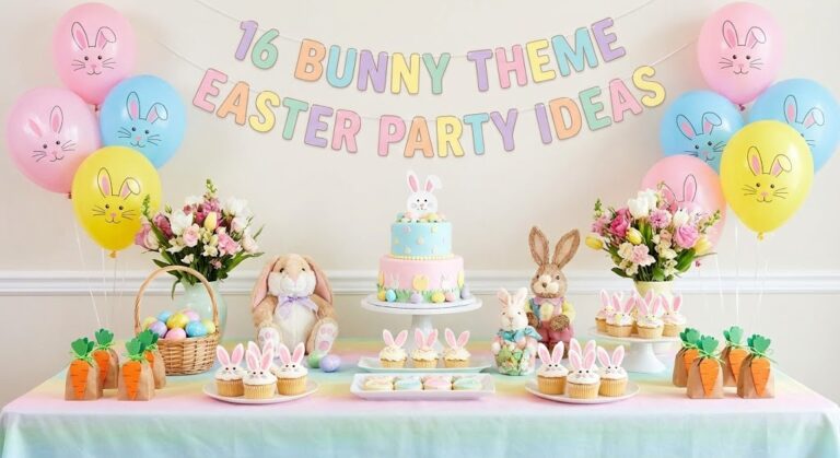 Bunny-themed Easter party table with pastel decorations and bunny-shaped treats.