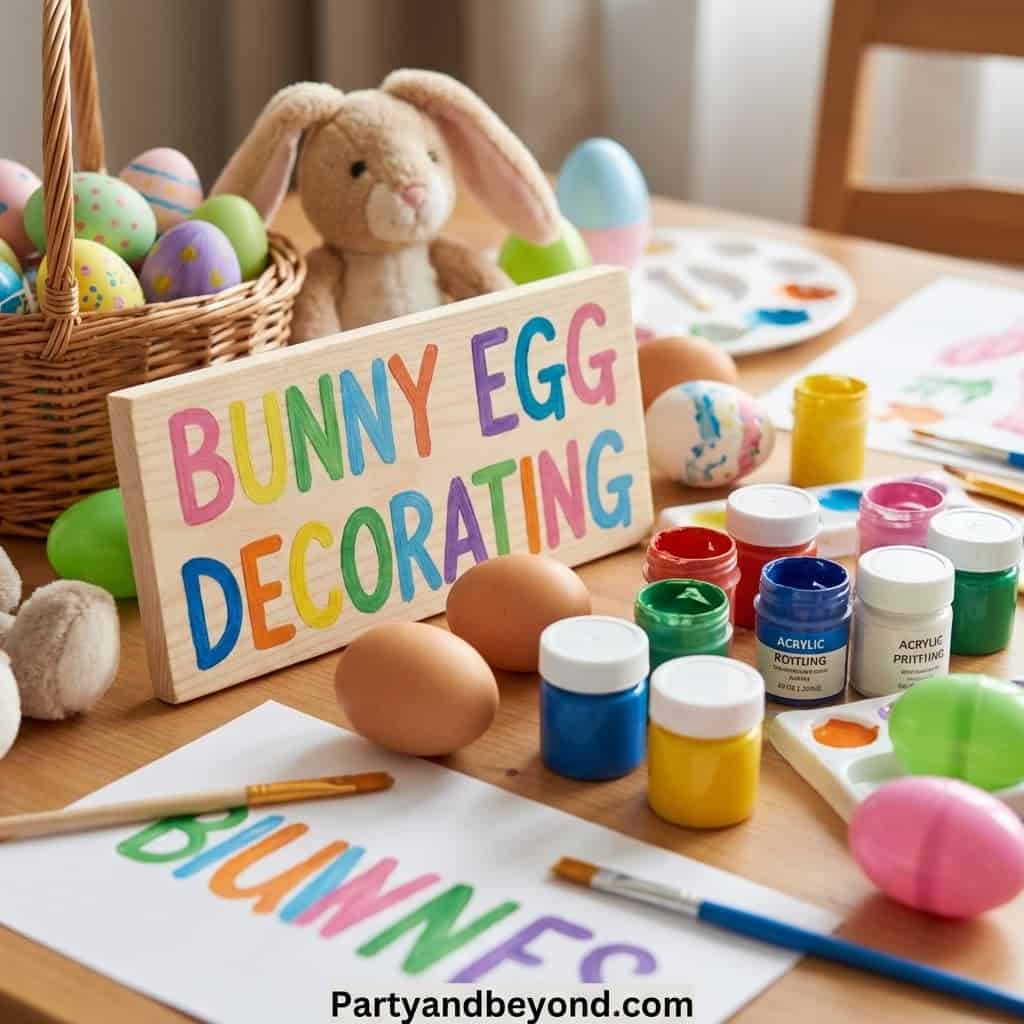 Bunny-themed Easter egg decorating kit with paints and plush bunny toy.