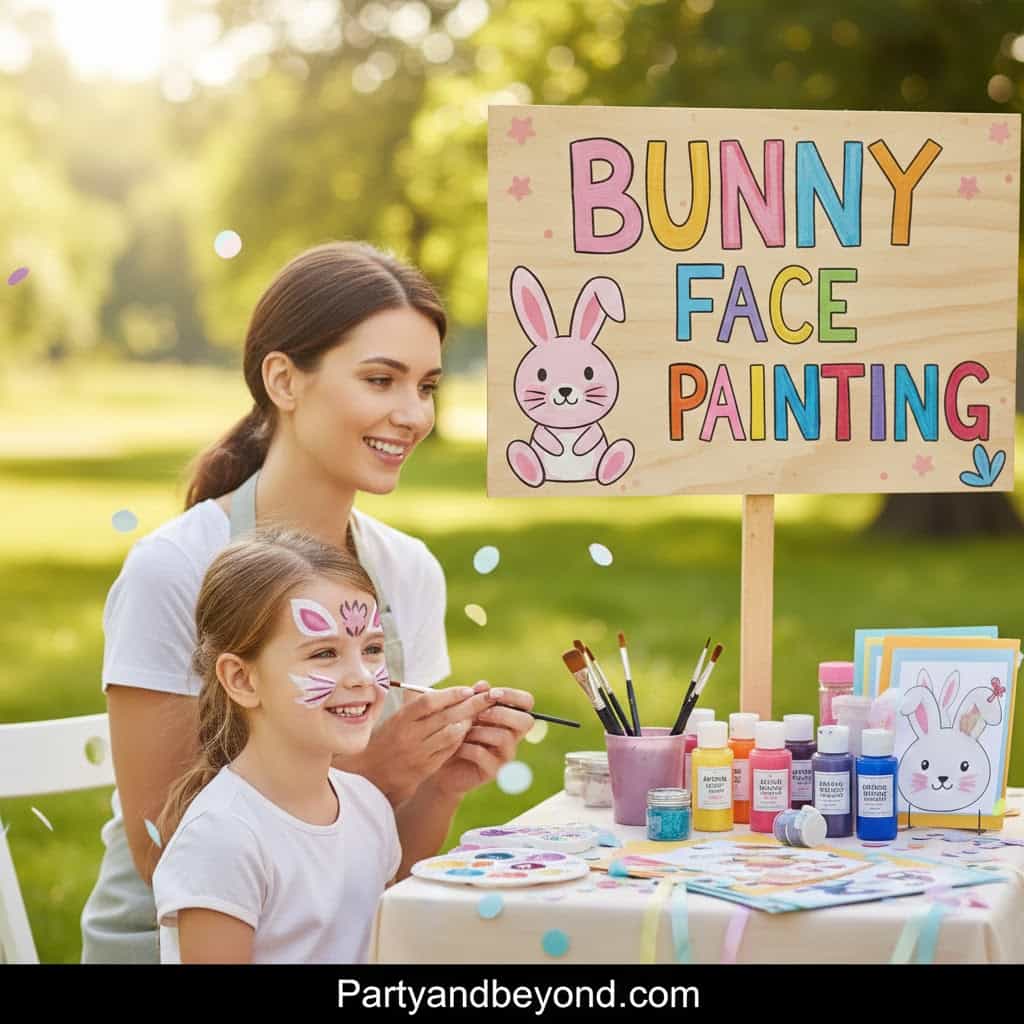 Woman and girl enjoying bunny face painting at outdoor Easter celebration.