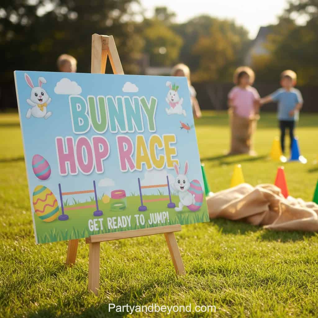 Bunny hop race sign for Easter party with kids jumping outdoors.