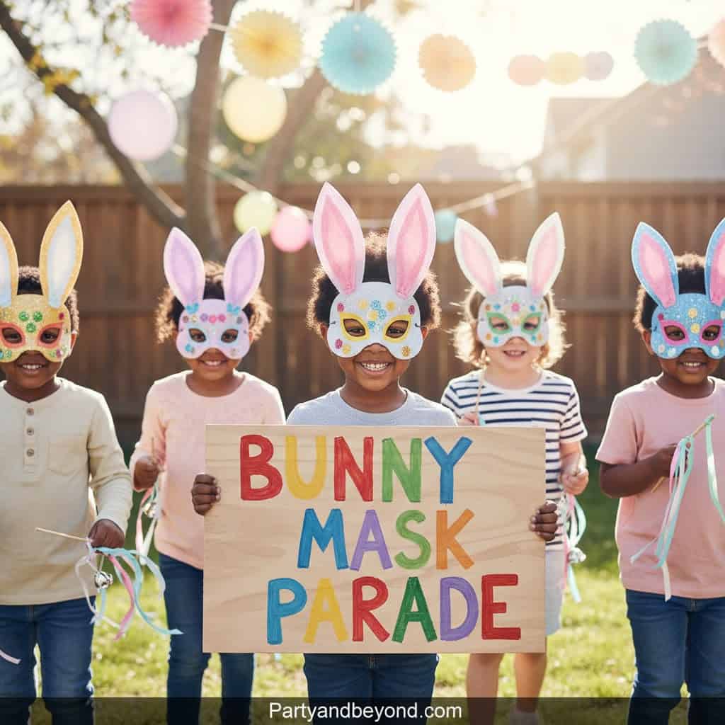 Kids wearing colorful bunny masks at Easter party with festive decorations.