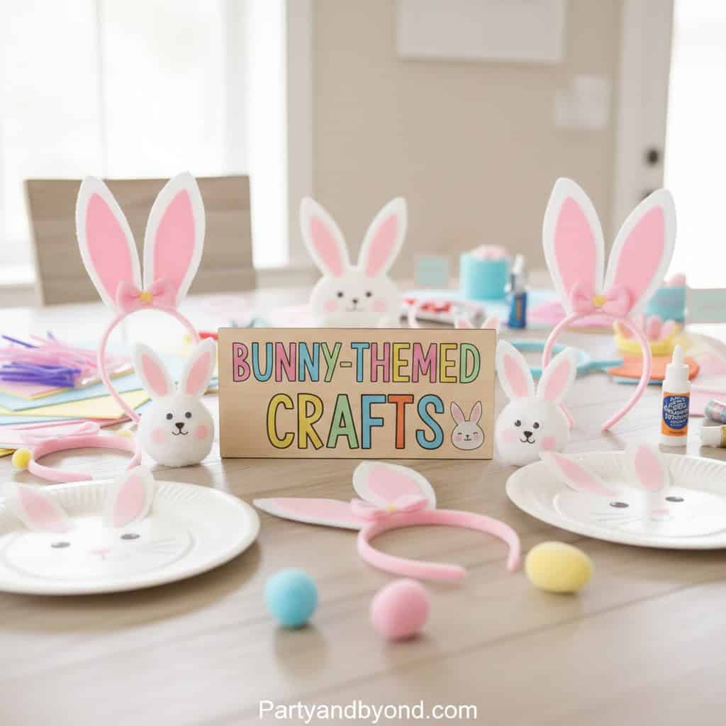 Bunny-themed Easter party table with bunny ears, plush bunnies, and pastel decorations.