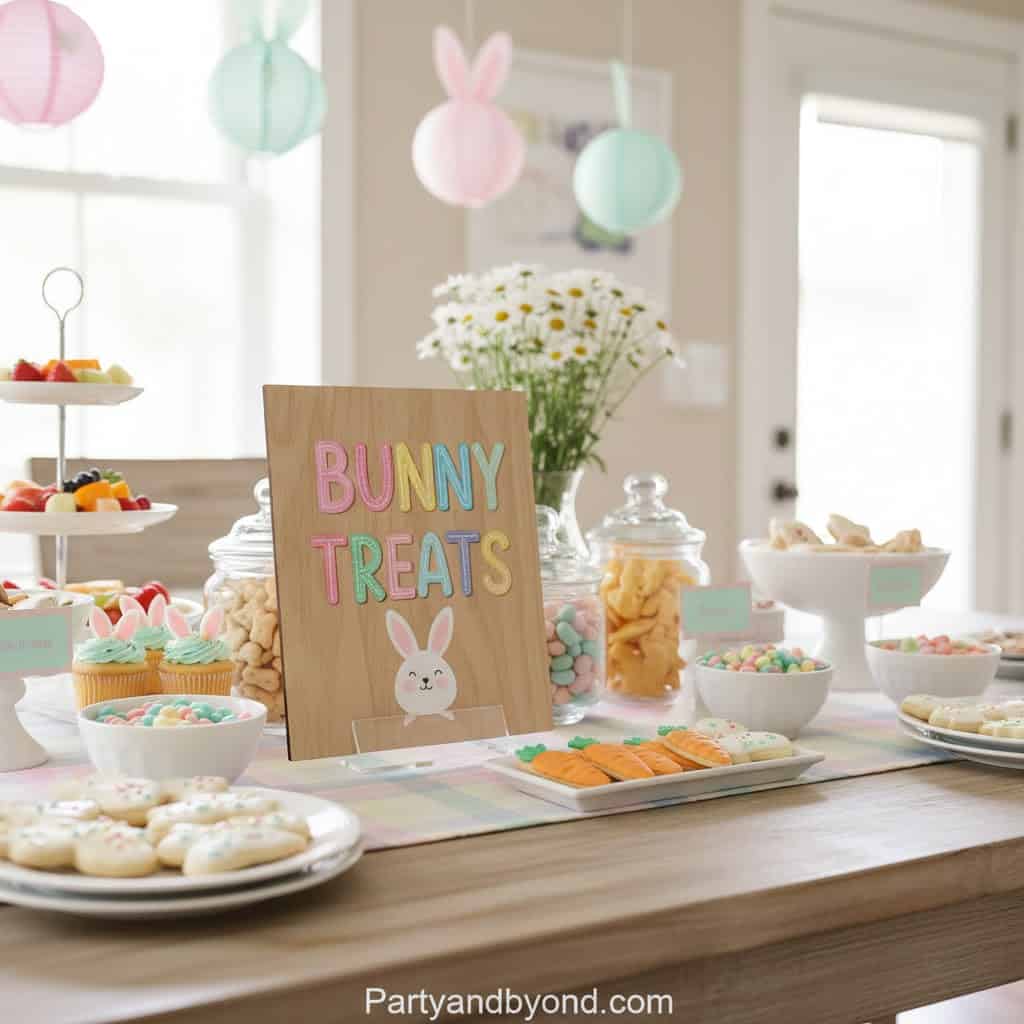 Easter Bunny treats display for a spring celebration with pastel decorations and festive sweets.