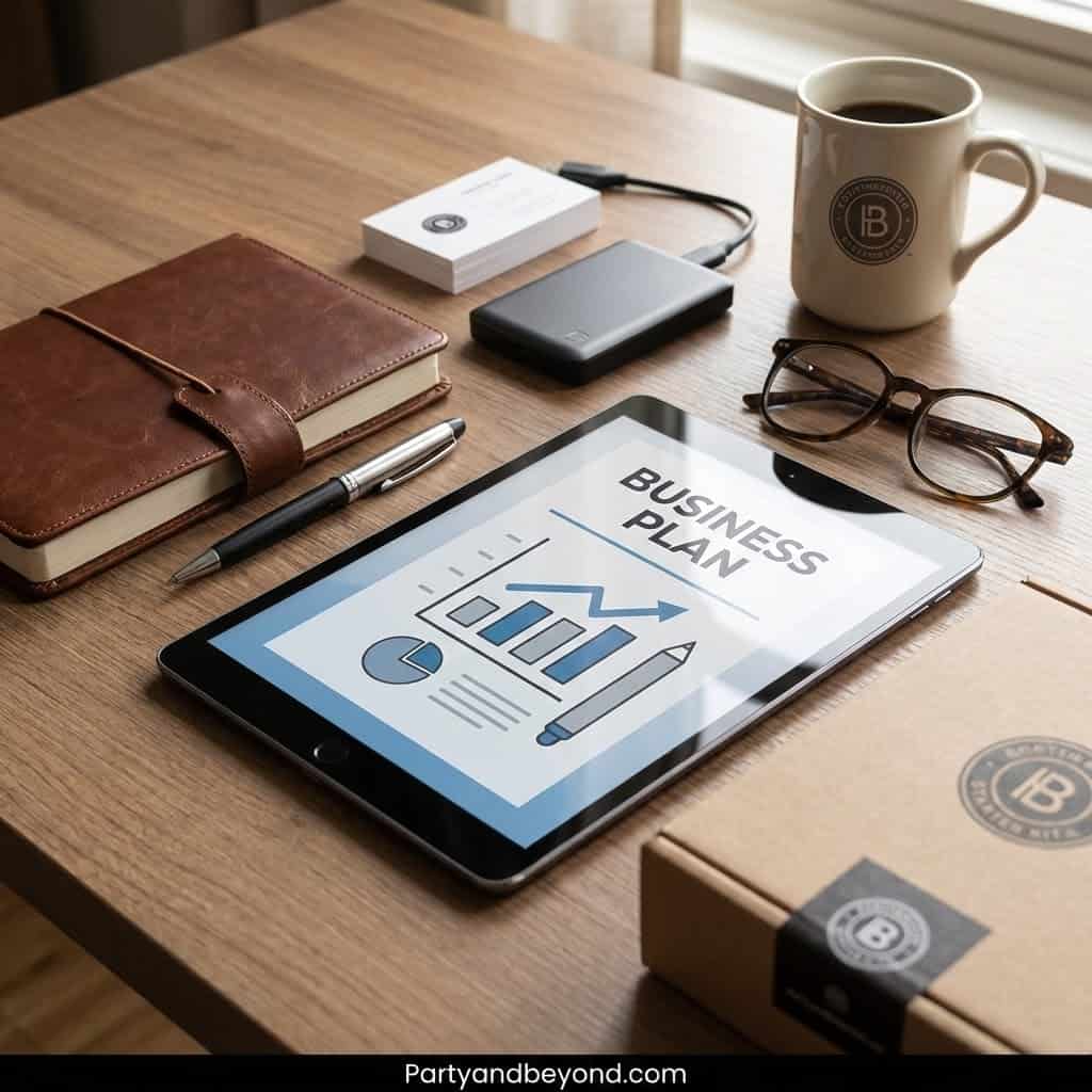 Business planning tablet with notebook, coffee, and glasses on a desk.