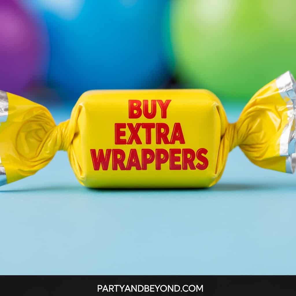 Colorful candy wrapper with "Buy Extra Wrappers" text for party supplies.