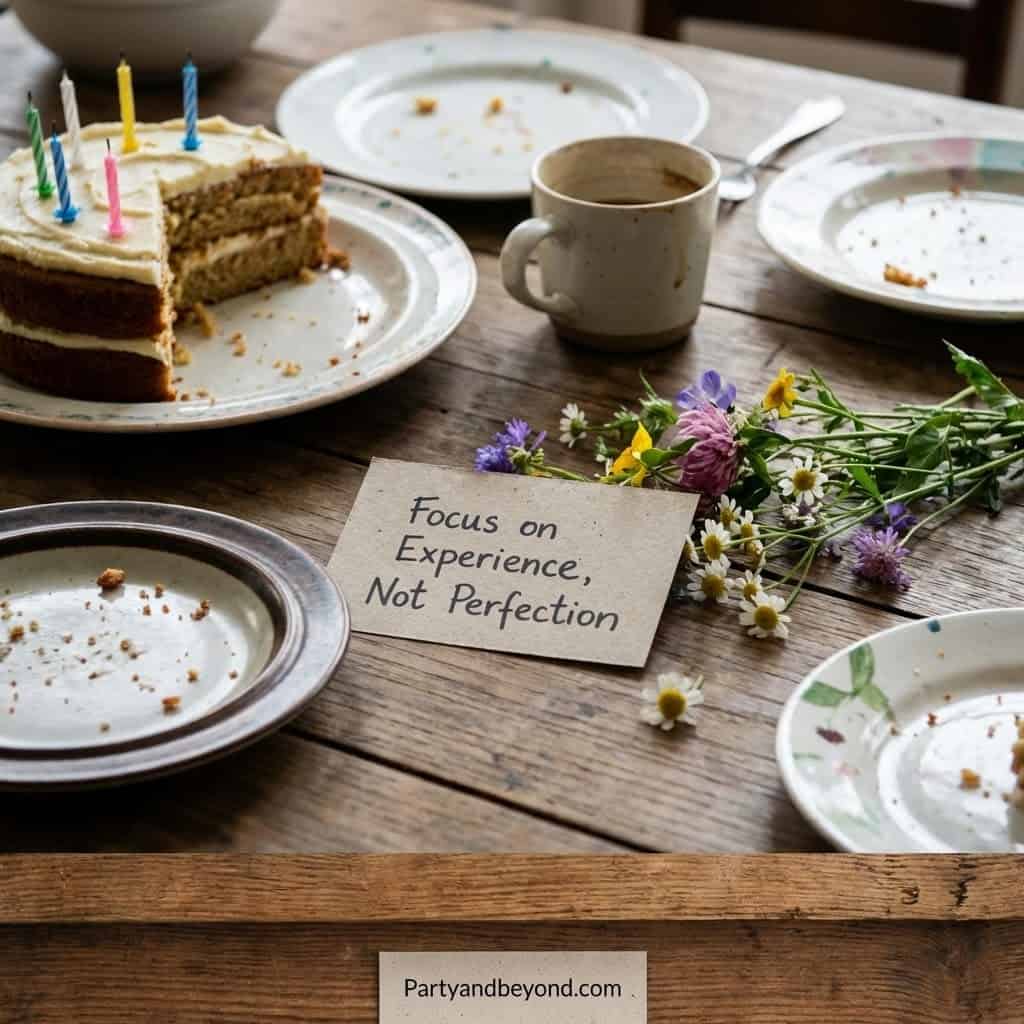 Cake & flowers for a birthday celebration on a rustic table.