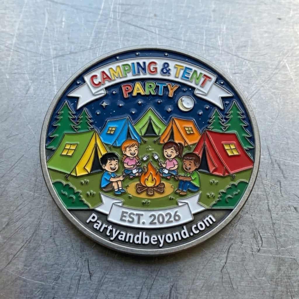 Colorful camping and tent party badge with kids around a campfire, perfect for outdoor celebration t.