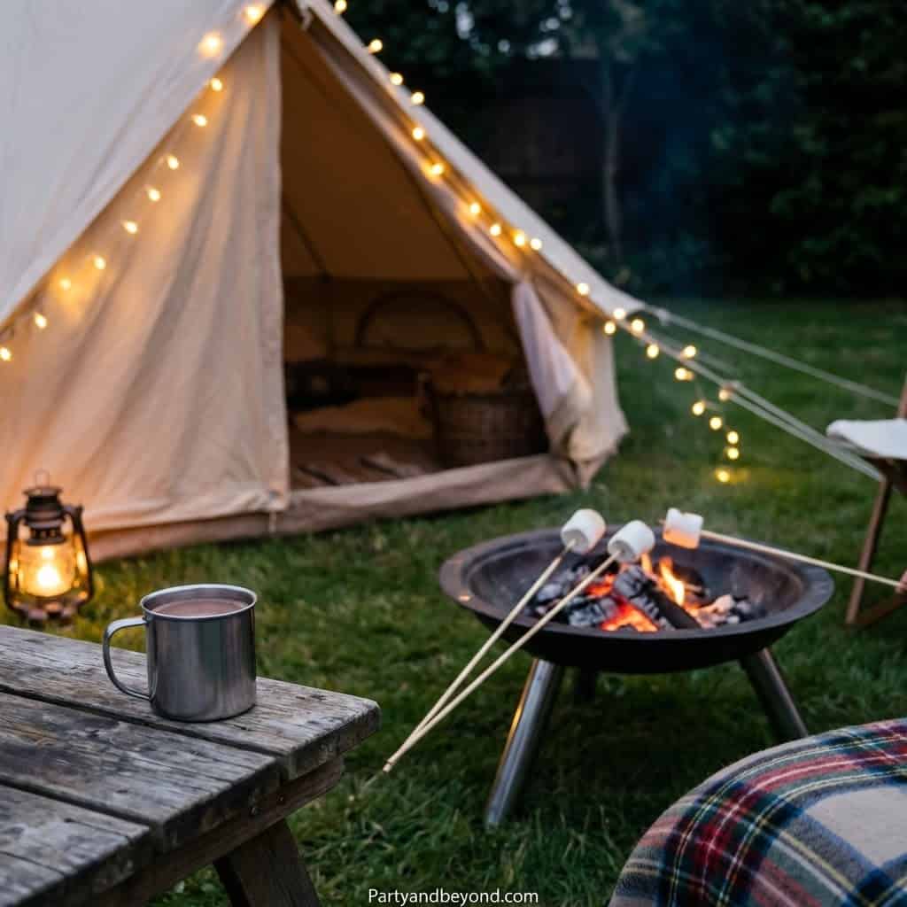 Outdoor camping tent decorated with string lights, perfect for kids' spring birthday celebrations.