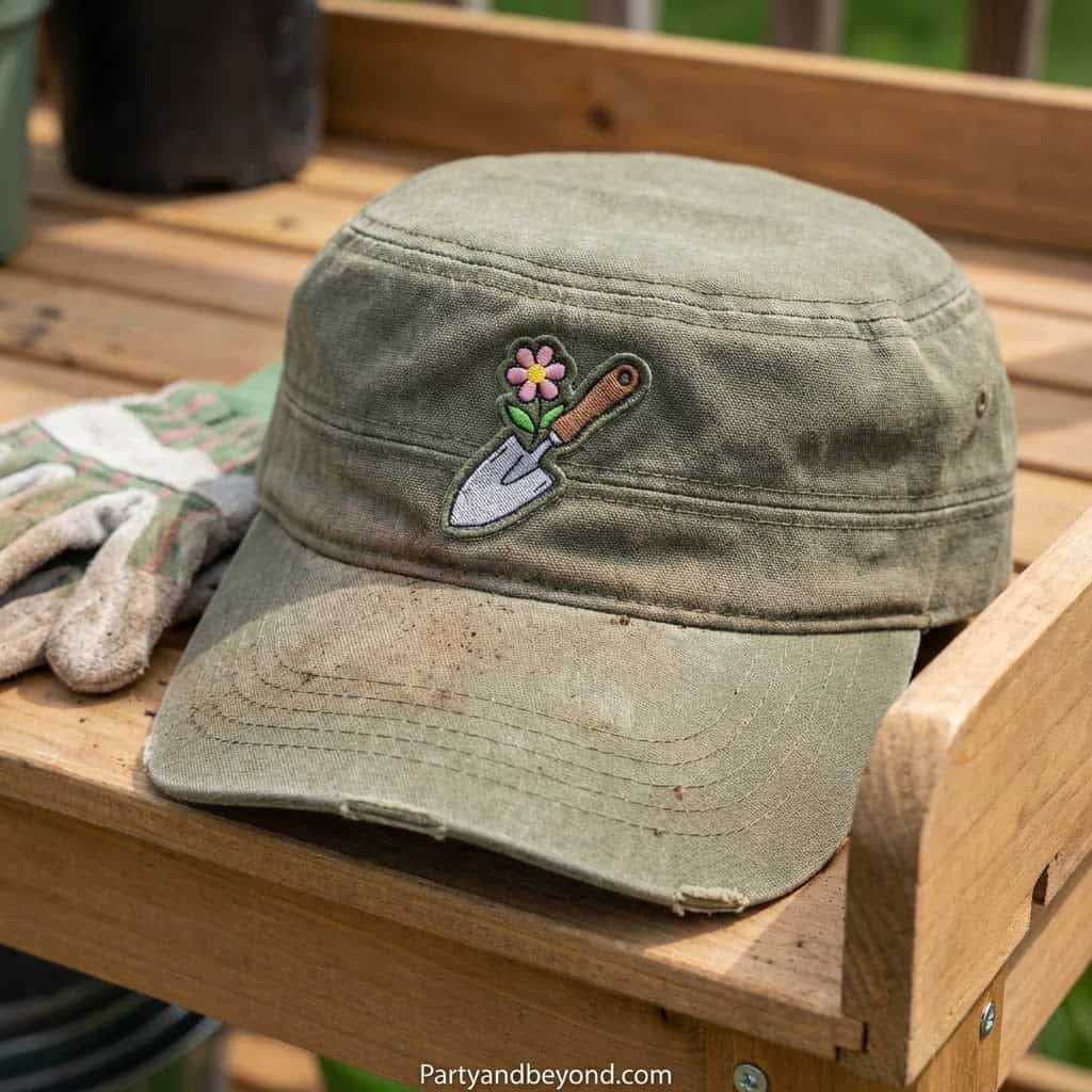 Olive green garden cap with embroidered flower and trowel for graduation celebration.